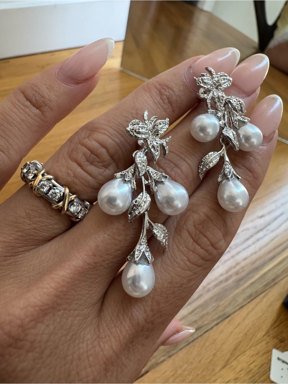 Silver Pearl Drop Floral Earrings - White Pearls